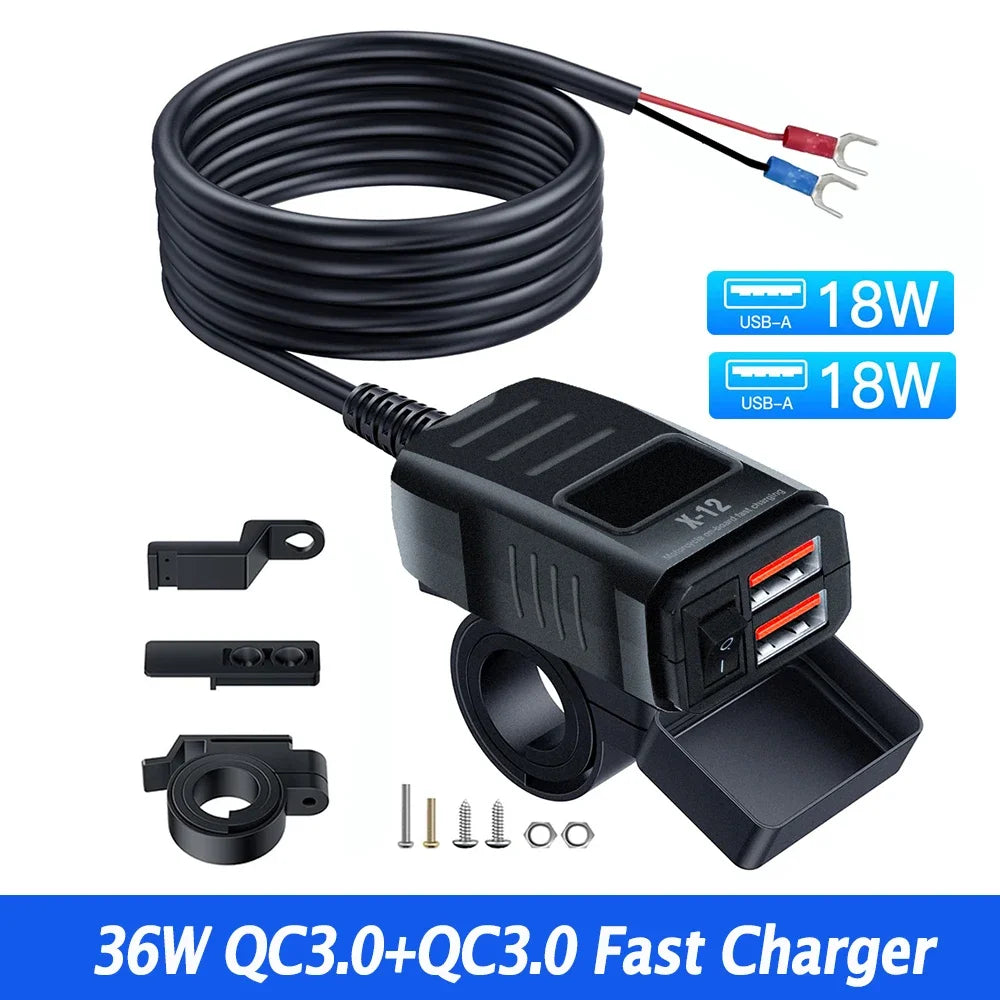 Handlebar Motorcycle Charger Socket PD+QC3.0 Fast Charging Power Adapter USB Type C Dual Port Waterproof With Switch Voltmeter