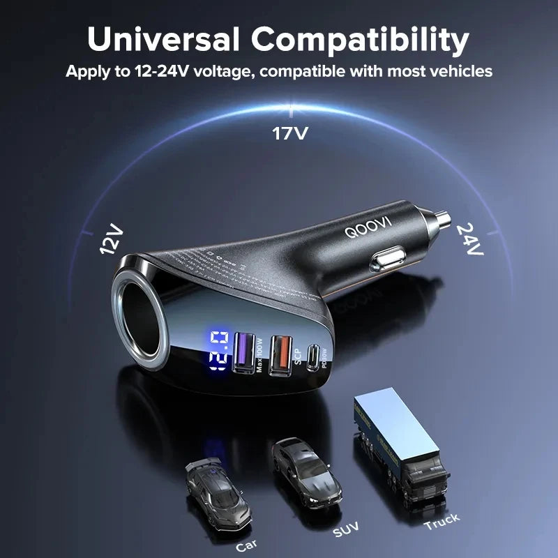 QOOVI 150W 4-Ports Car Charger USB Type C Super Fast Chargin