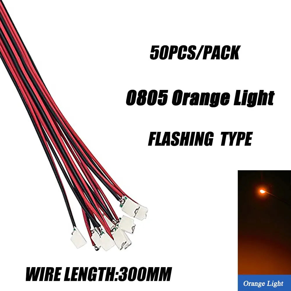 50pcs 0805 FLASHING LED SMD Lamp Wired Micro Litz Led Pre-Soldered Chip Wired 3V Railway Model Toy Light DIY Leads Wires 30cm