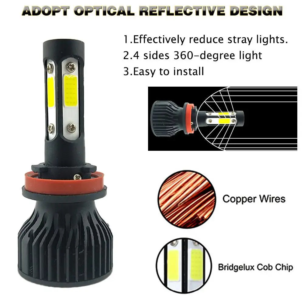 2PCS LED Headlight Bulbs 4 Sides For H11 H4 H7 9005 9006 2 S