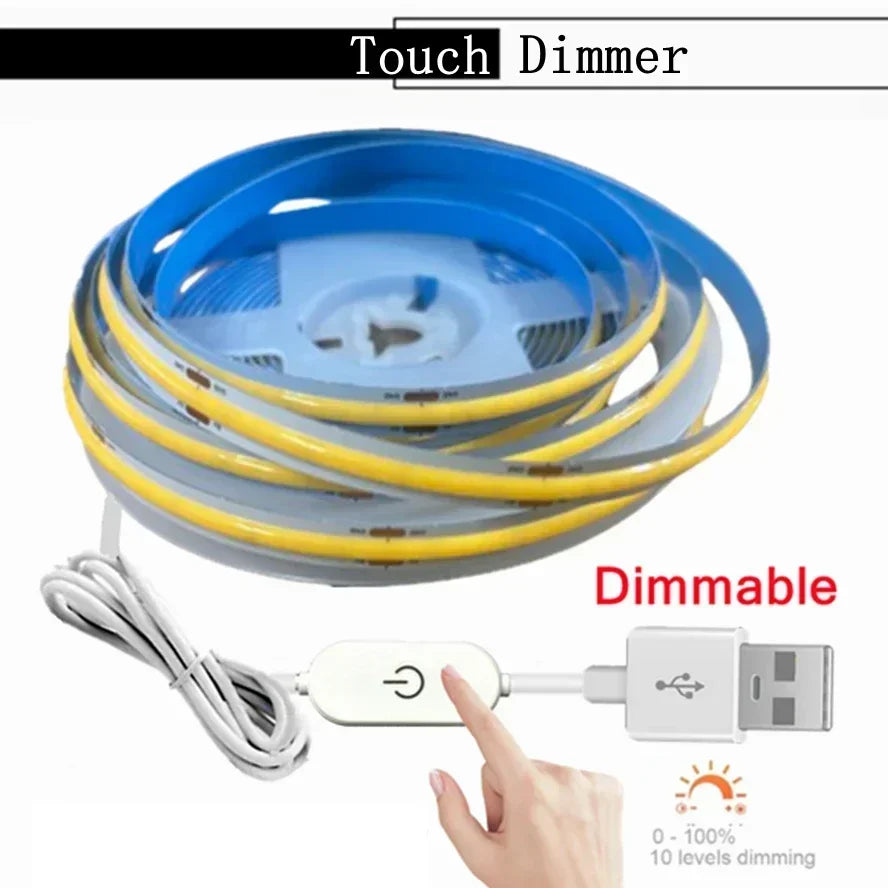 5V USB COB LED Strip 1-5M 320LEDs/M Touch Sensor Dimmable Flexible Tape for Mirror TV Kitchen Room DIY Backlight Decor Lighting