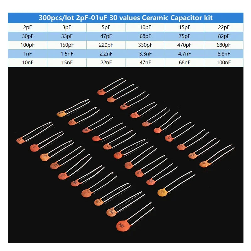 300pcs/set 50V 2pF 0.1uF Ceramic Capacitor set Packag 30 Val