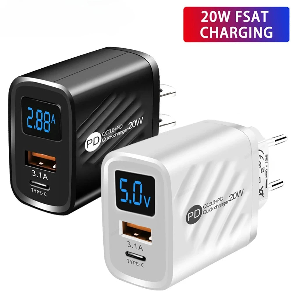 20W USB Type C Charger PD Fast Charging Digital Display Phon