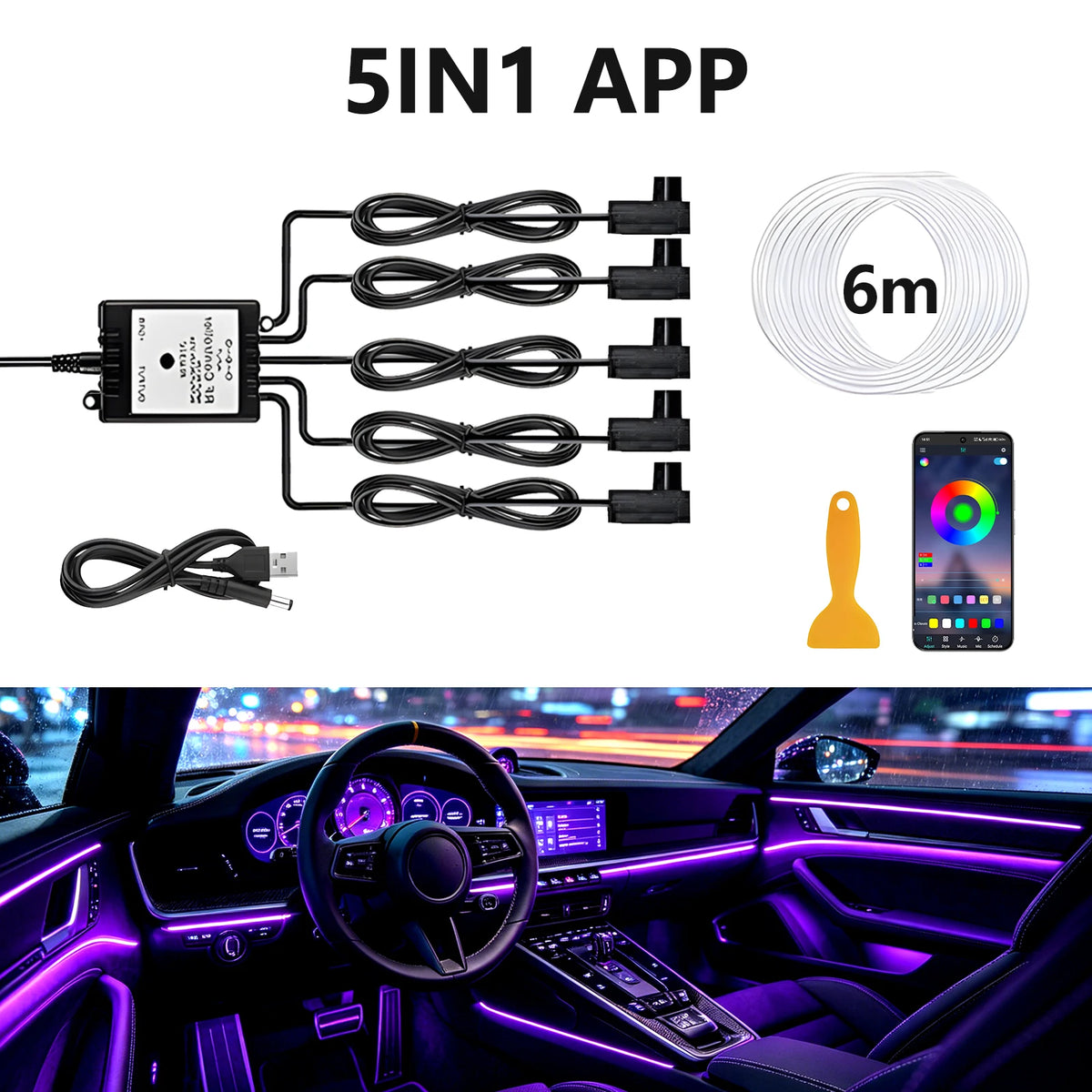 RGB Car Interior Ambient Light Kit APP & Remote Control Flexible Neon LED Strip 12V Auto Decorative Atmosphere Lamp