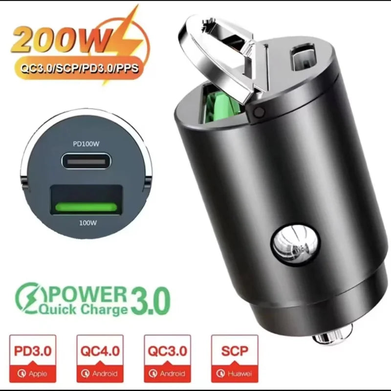 200W Dual USB Car Charger Pull Ring Fast Charging Car Phone 