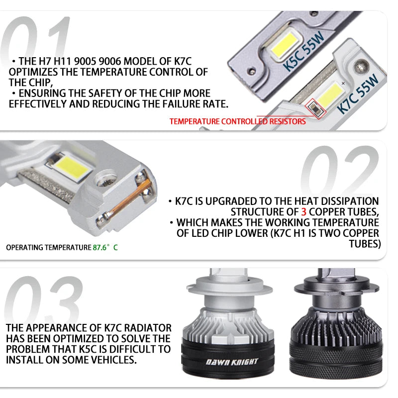 DAWNKNIGHT K7C 4300K H7 H4 H11 Led Lamp 3 Copper Tube Led Li