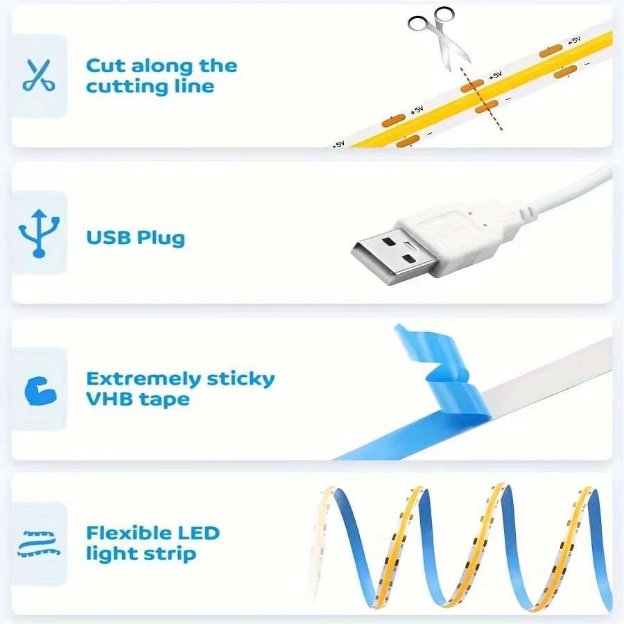 1m-5m USB COB LED Strip Light 5V 320LEDs/m DIY TV Mirror Bac