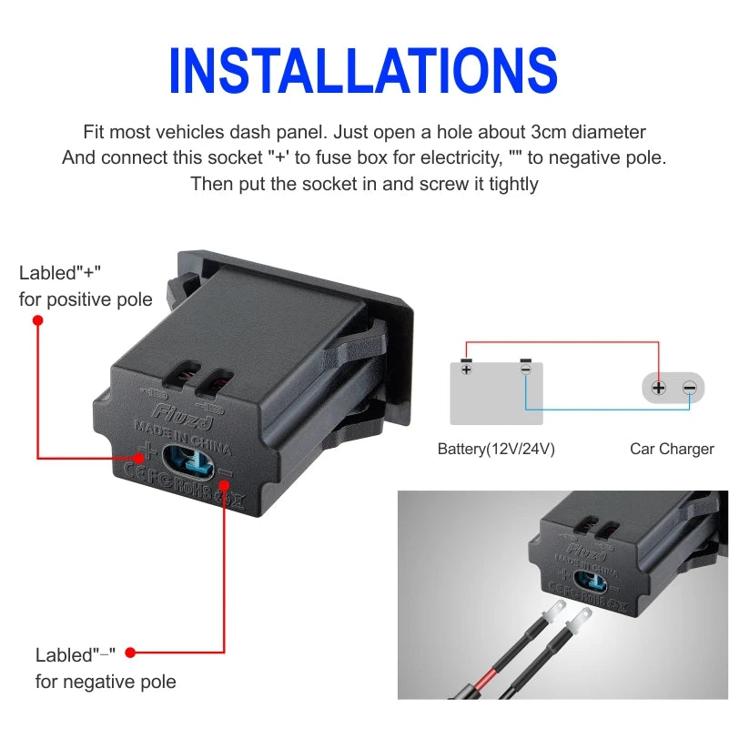 Car Charger Socket PD3.0 & QC3.0 Double USB C Ports Waterpro