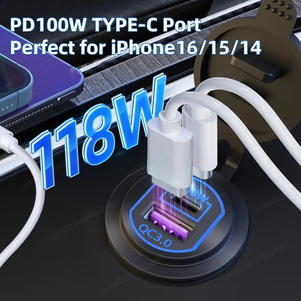 118W Aluminum 12V USB C Laptop Outlet PD 100W Port & QC3.0 1