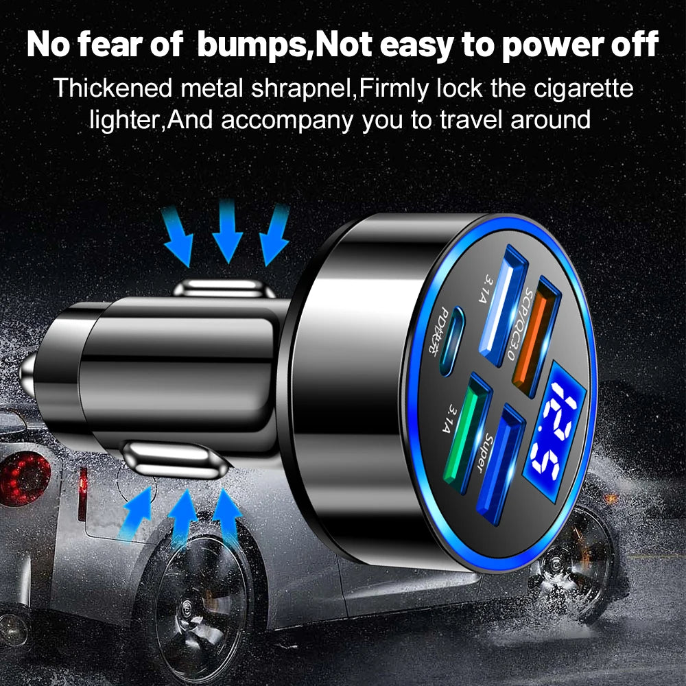 250W LED Car Charger 5 Ports Fast Charge PD QC3.0 USB C Car 