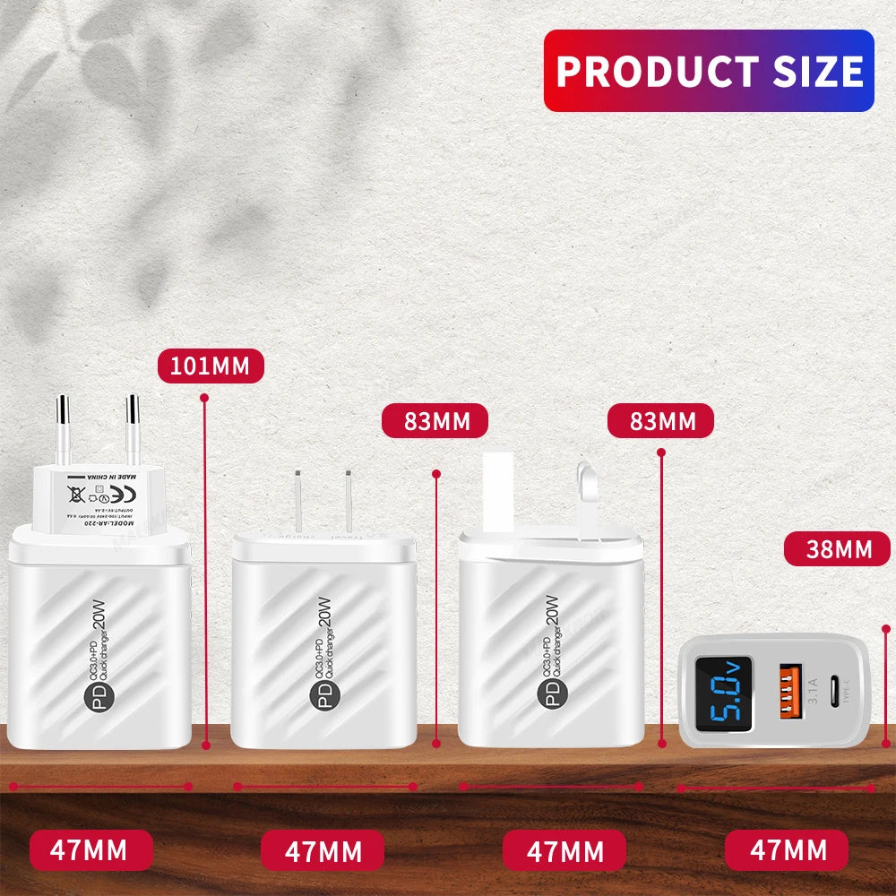 PD 20W USB Type C Charger Fast Charging Digital Display Phon