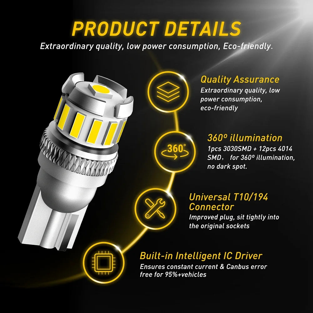 AUXITO 2Pcs Canbus T10 LED White W5W LED Bulb No Error Car I