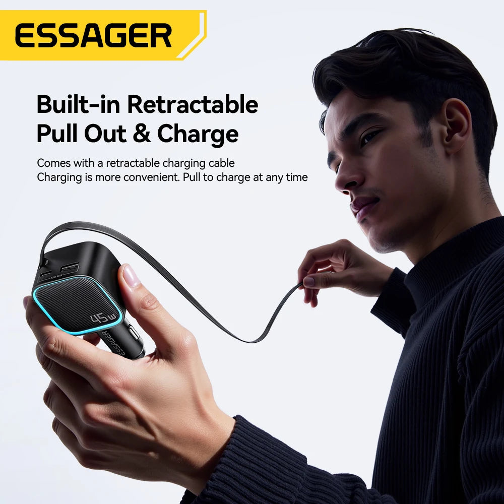ESSAGER 45W Car Charger PD Fast Charging with Retractable 75