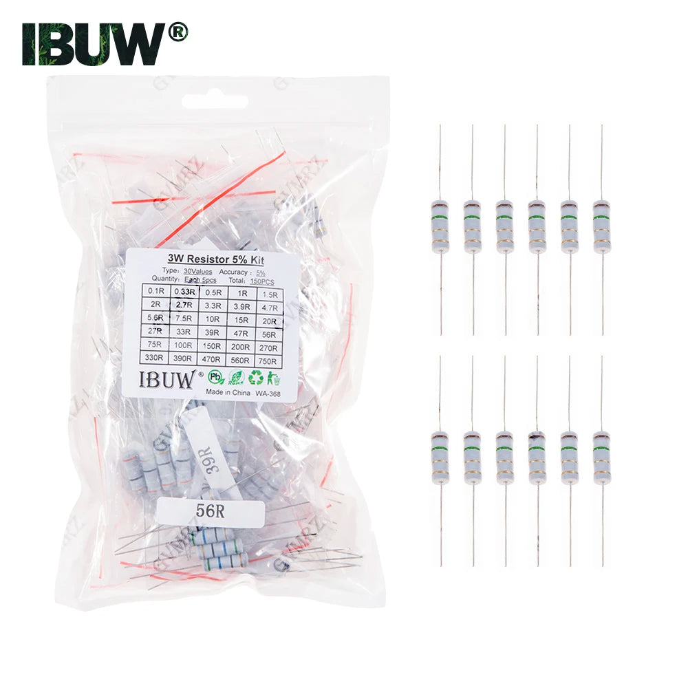 1/2W 1W 2W 3W Resistance 5% Carbon Film Resistor Assortment Kit Set 30Kinds Each 5/10PCS 1R 750R 1K 820K Ohm