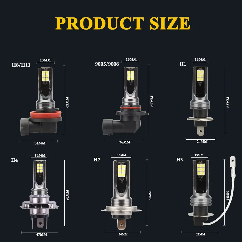2pcs H8 H9 H1 H3 Led H11 9005 HB3 9006 HB4 Car CSP LED Fog H