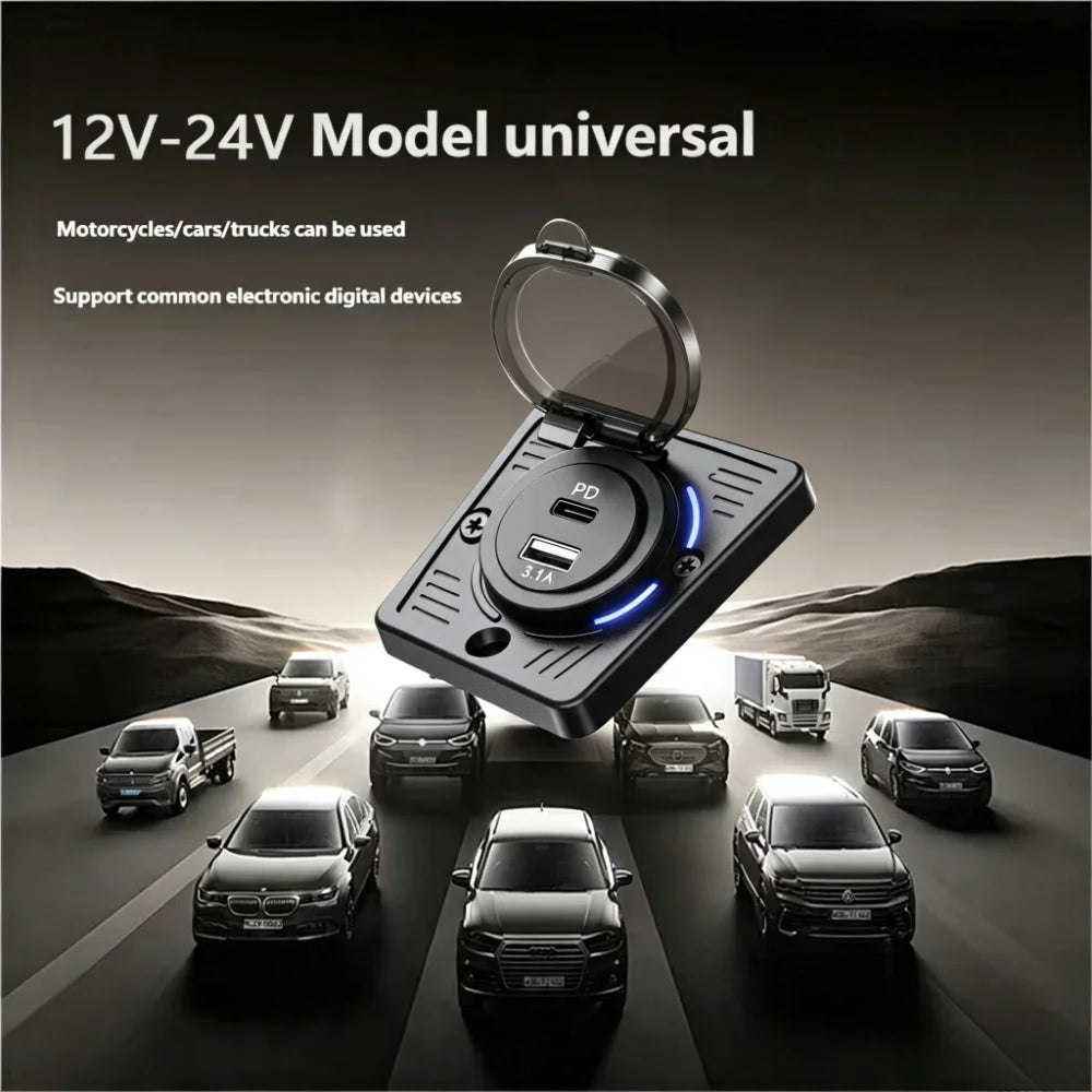 12V-24V PD+USB Car Charger Socket 45W Fast Charge Blue LED I