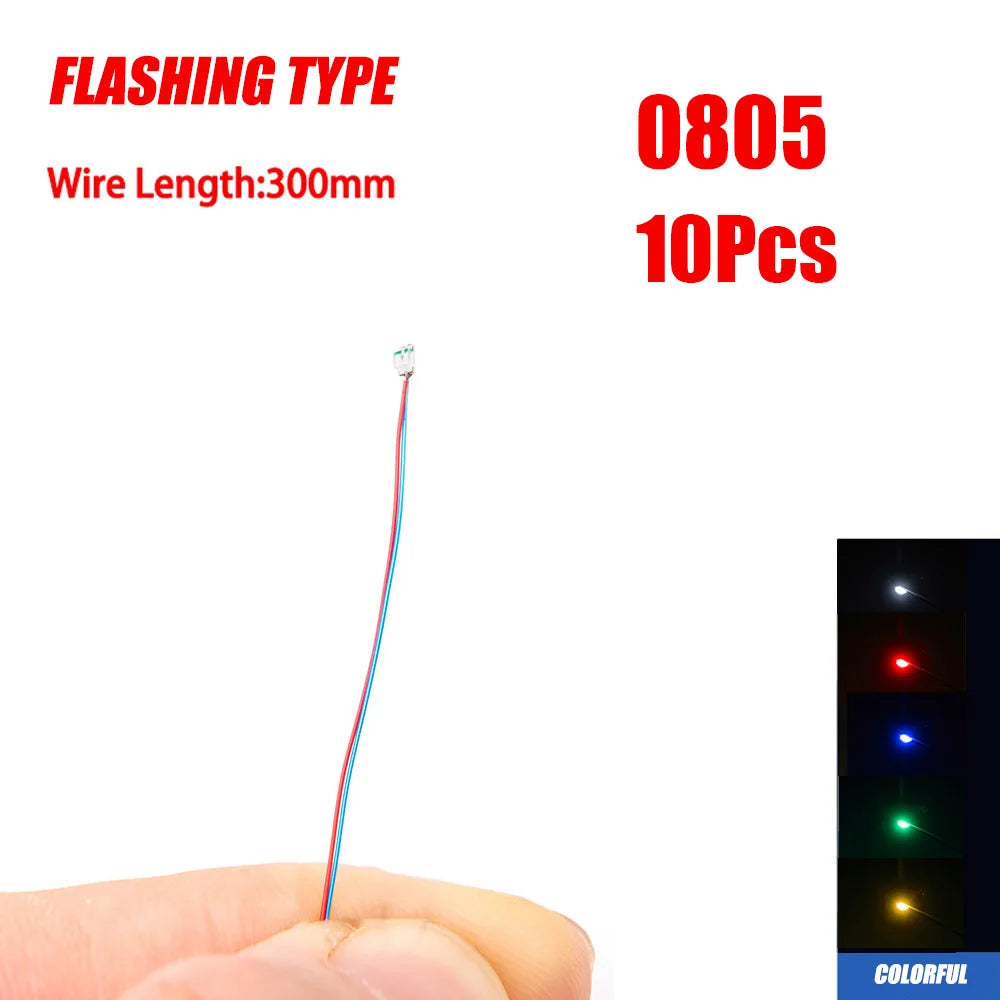 10Pcs 0805 Flashing LED SMD Wire for Model Train HO N OO Scale Red Blue Line Pre-soldered Micro Litz Railway DIY Kit 3V 30cm
