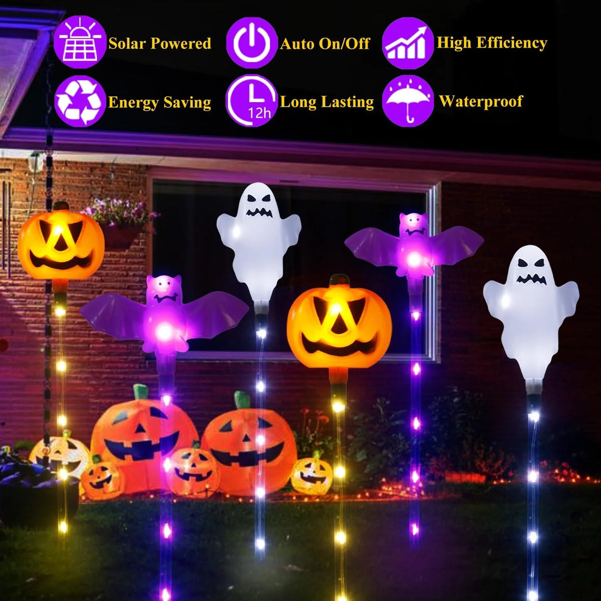 1 Set 6pcs Halloween Solar Pumpkin Ghost Bat Stake Lights Ou