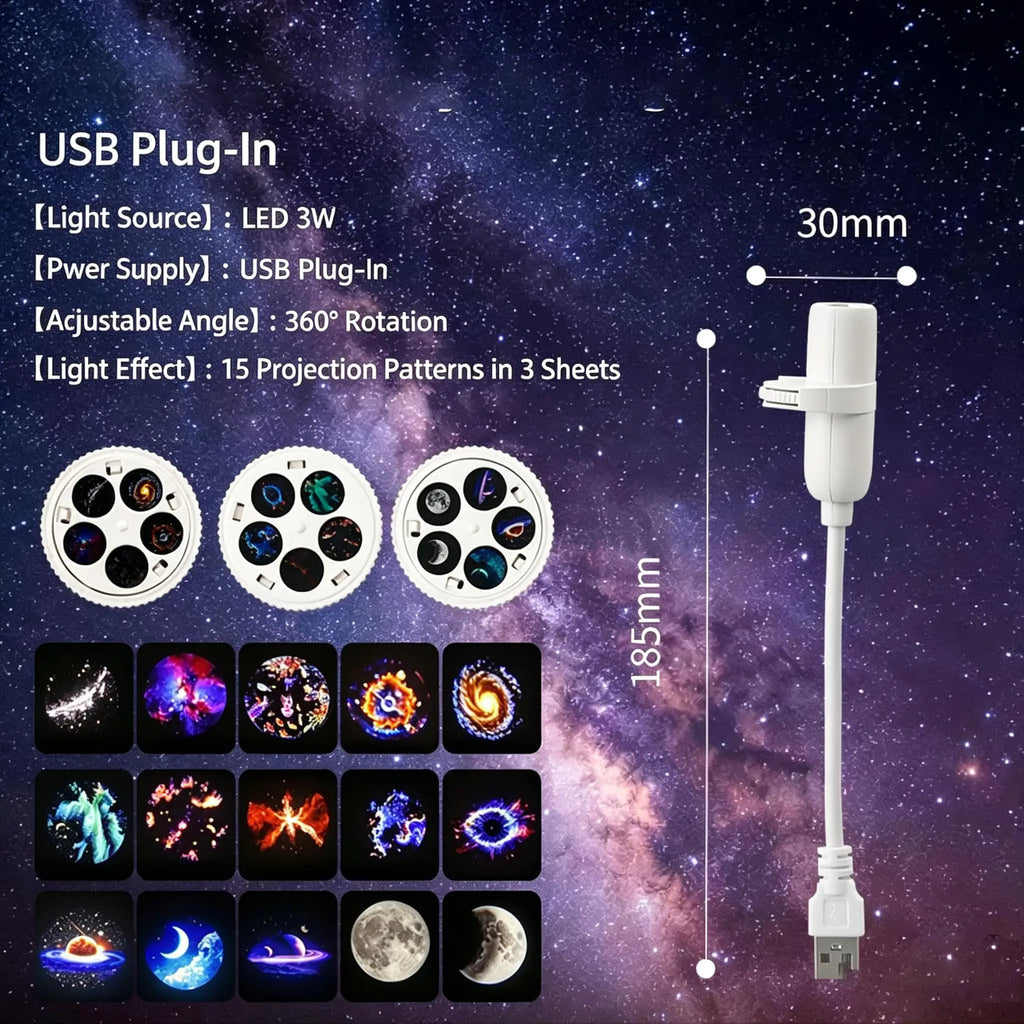 Mini USB Galaxy Star Projector Night Light 5/10/15 Patterns 