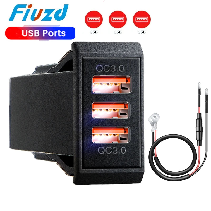 Car Charger Socket PD3.0 & QC3.0 Double USB C Ports Waterproof with LED 54W Fast Charging 12V/24V For Moto Adapter