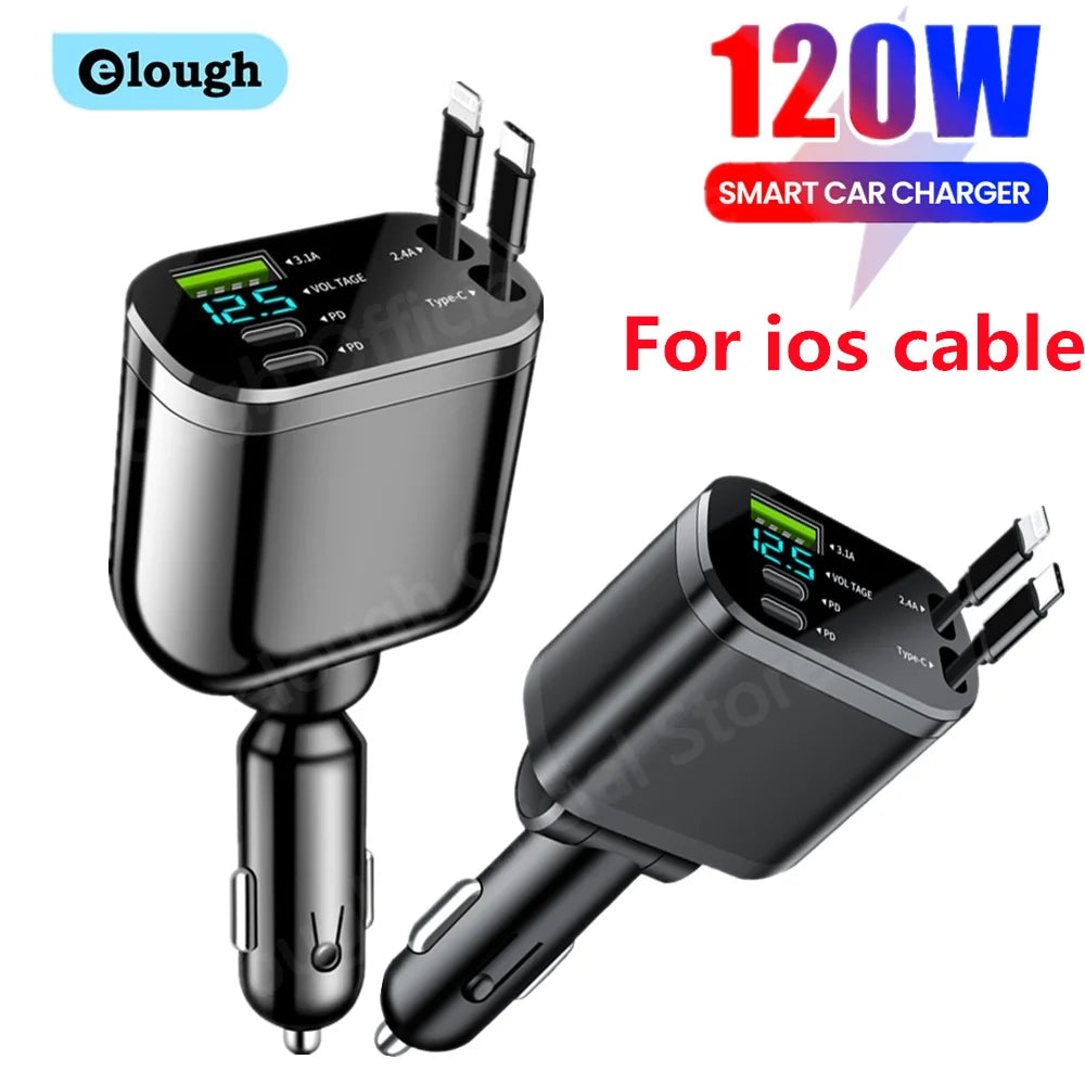 Elough 5 IN 1 Car Charger Retractable USB C to Lightning Cab