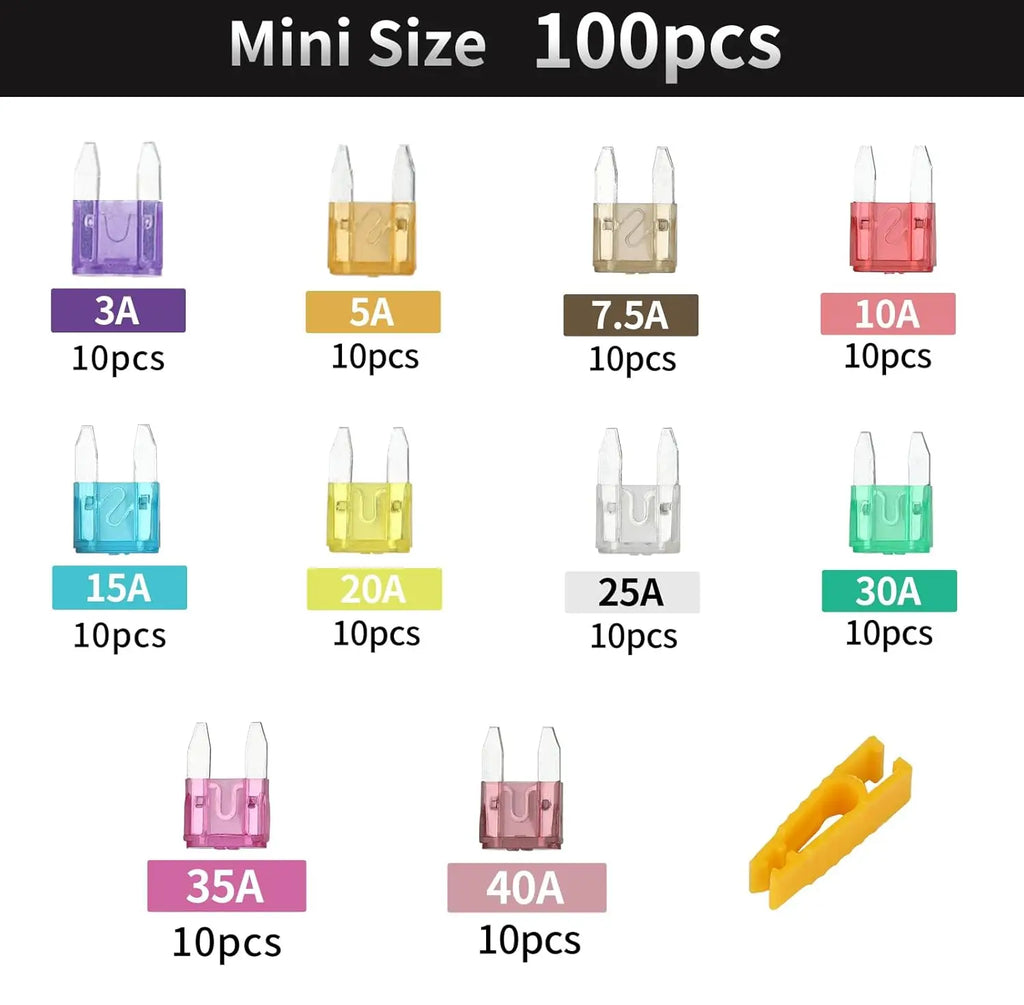 100 Pcs Mini fuses Kit Blade Fuse Assortment Kit with Puller