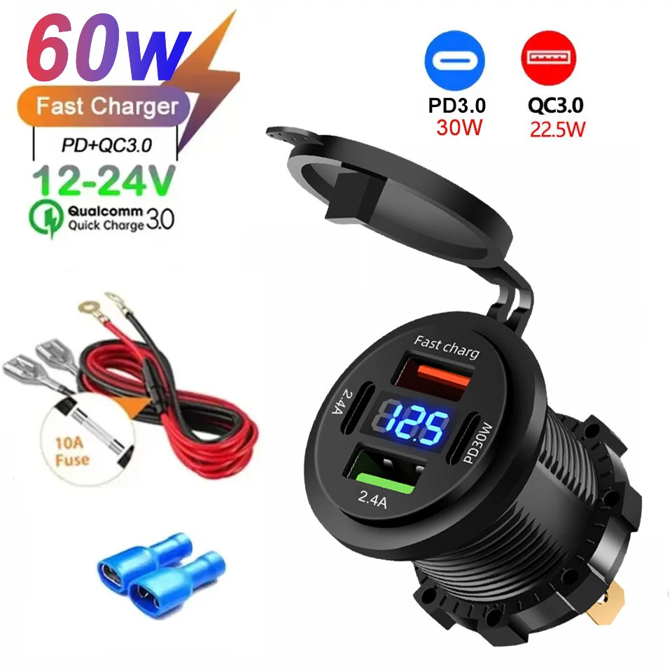 New Car USB Charger PD3.0 & QC3.0 Fast Charging Socket with Voltmeter On/Off Switch 12/24V For Motorcycle Boat Auto Accessories