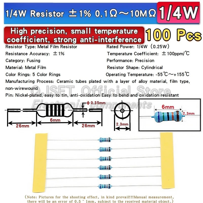 100pcs 1/4W Metal Film Resistor Element 1% 0.25W 1K 1.5K 2.2
