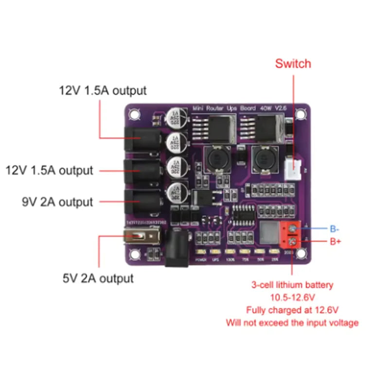 40W Battery Charging Board 4-Port Mini Router UPS Board 11.1
