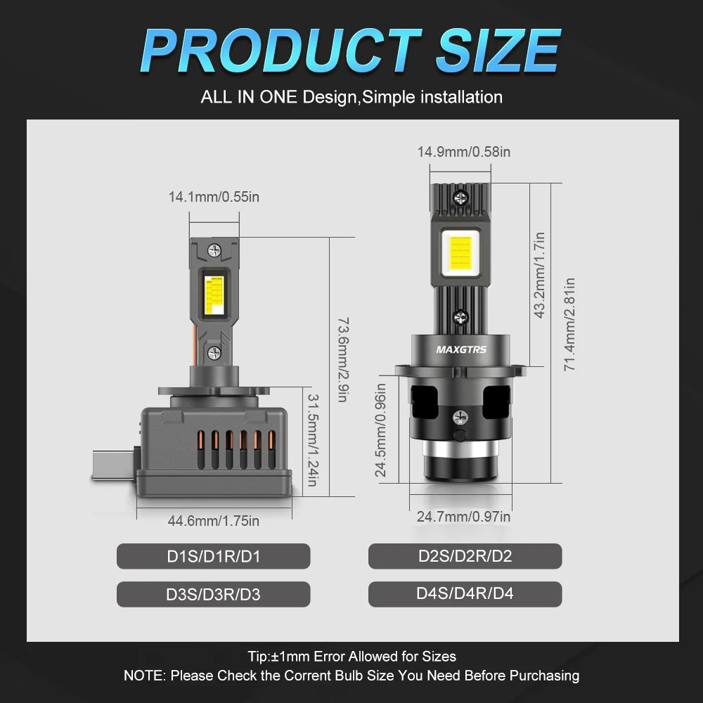 2Pcs Turbo D1S D3S D4S D2S LED Lamps Canbus 6500K White 90W 