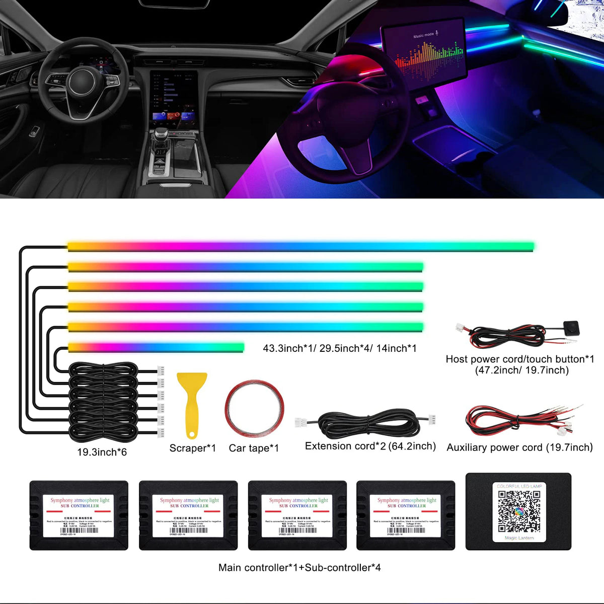 10/14/18 in 1 Led Car Ambient Lights 213 64 Color RGB Symphony Streamer Bluetooth Rainbow Acrylic Strips Atmosphere Lamp Kit 12V