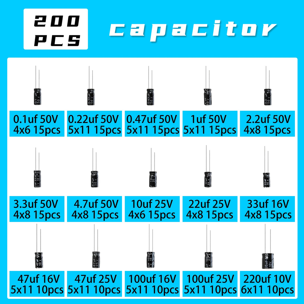 200pcs/lot Electrolytic Capacitor Assortment Kit - 15 Values