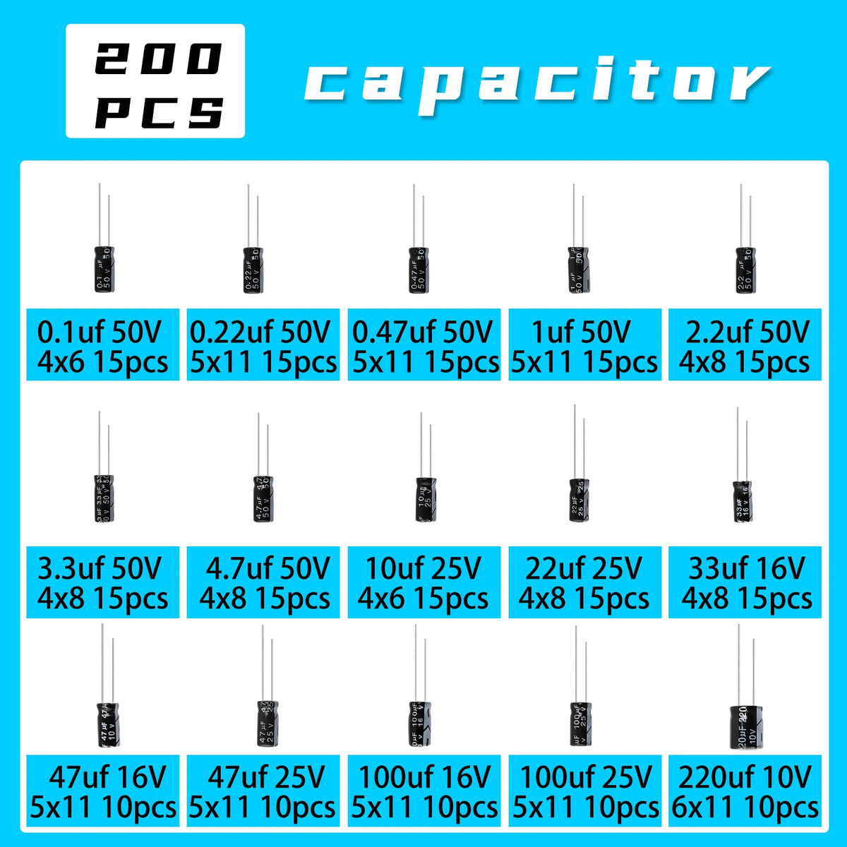 200pcs/lot Electrolytic Capacitor Assortment Kit - 15 Values