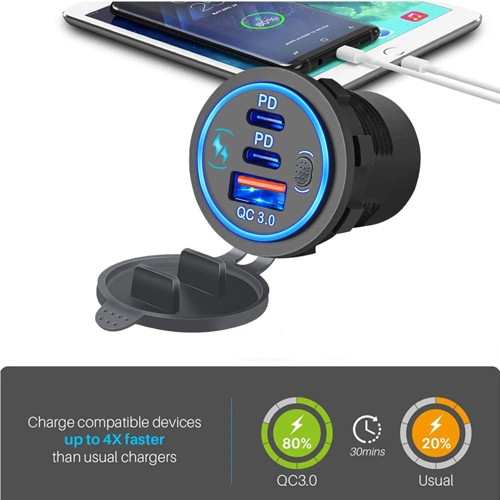 3 Ports Quick Charge Dual PD & QC 3.0 112W Aperture Car Char