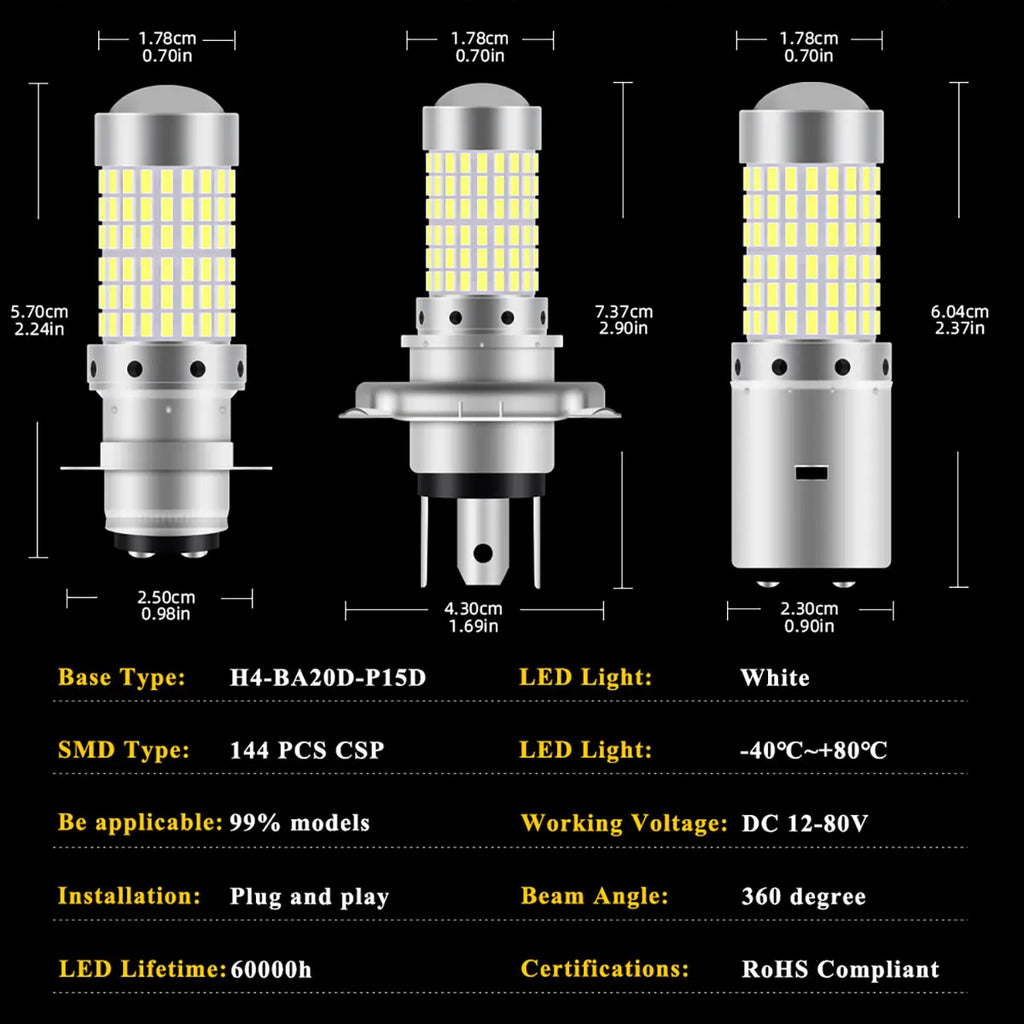 1PCS 144SMD H4 P15D BA20D Motorcycle Headlight Bulbs White 1