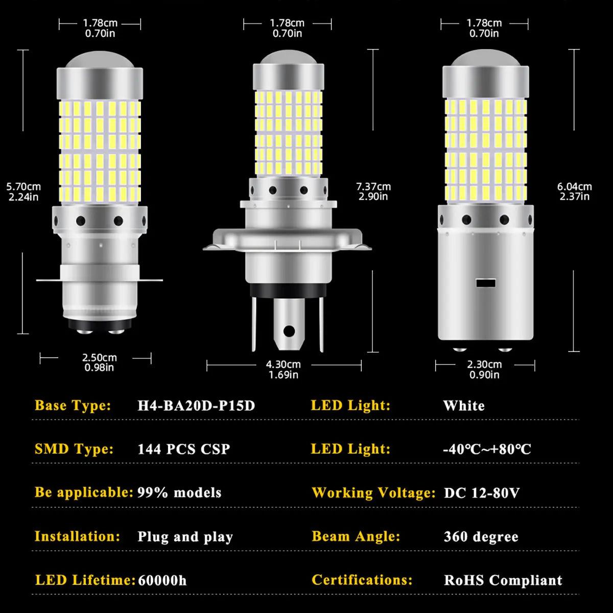 1PCS 144SMD H4 P15D BA20D Motorcycle Headlight Bulbs White 1