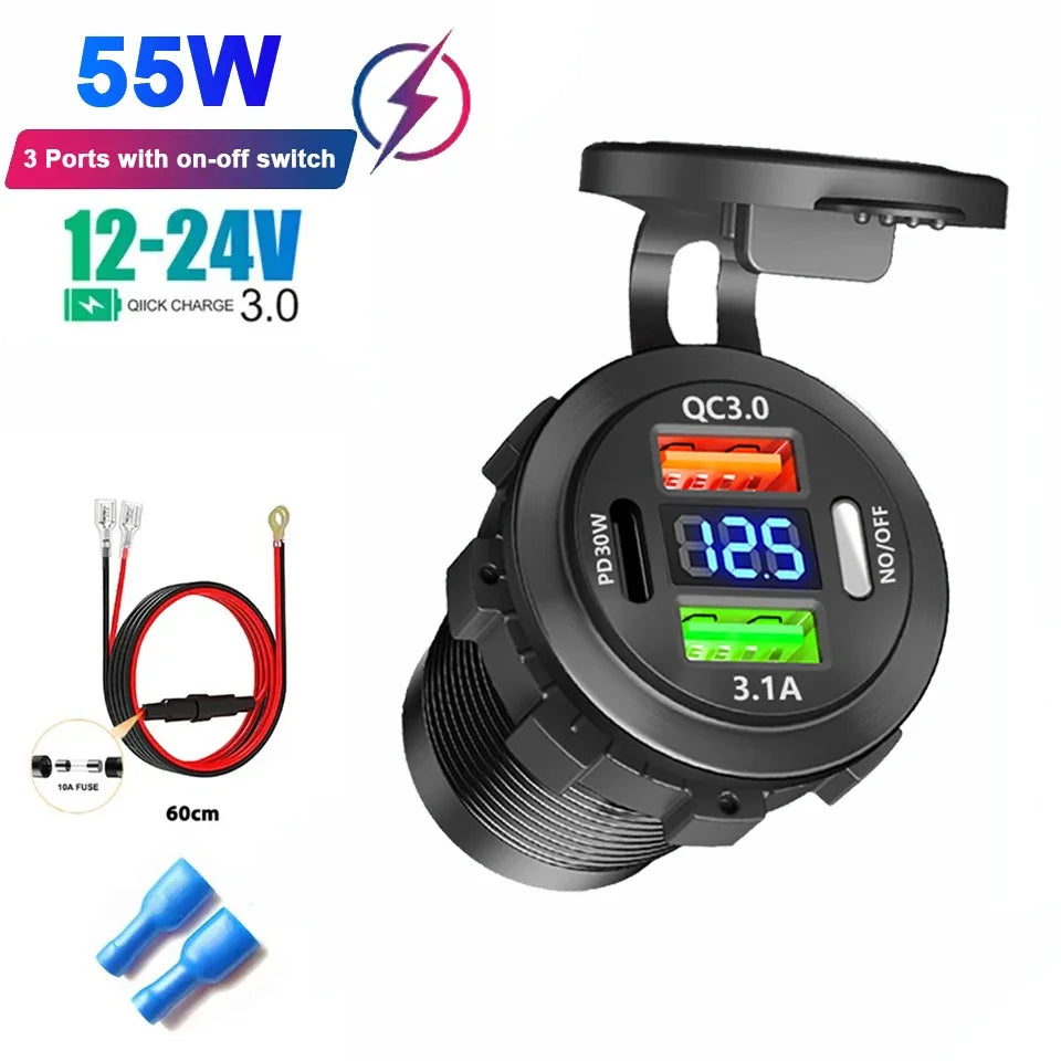 New Car USB Charger PD3.0 & QC3.0 Fast Charging Socket with Voltmeter On/Off Switch 12/24V For Motorcycle Boat Auto Accessories