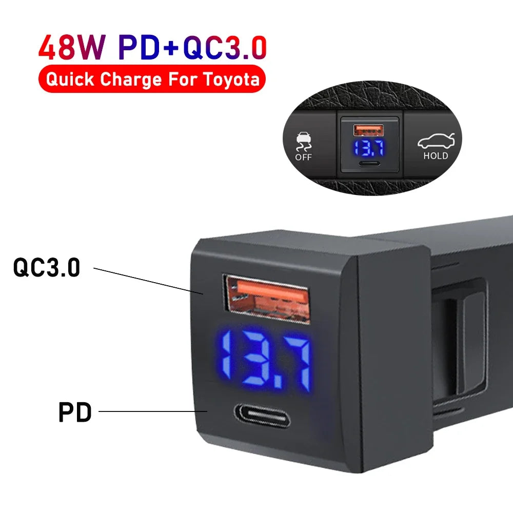 PD 48W USB C QC3.0 Port Car Charger 12/24V Voltmeter LED Wat