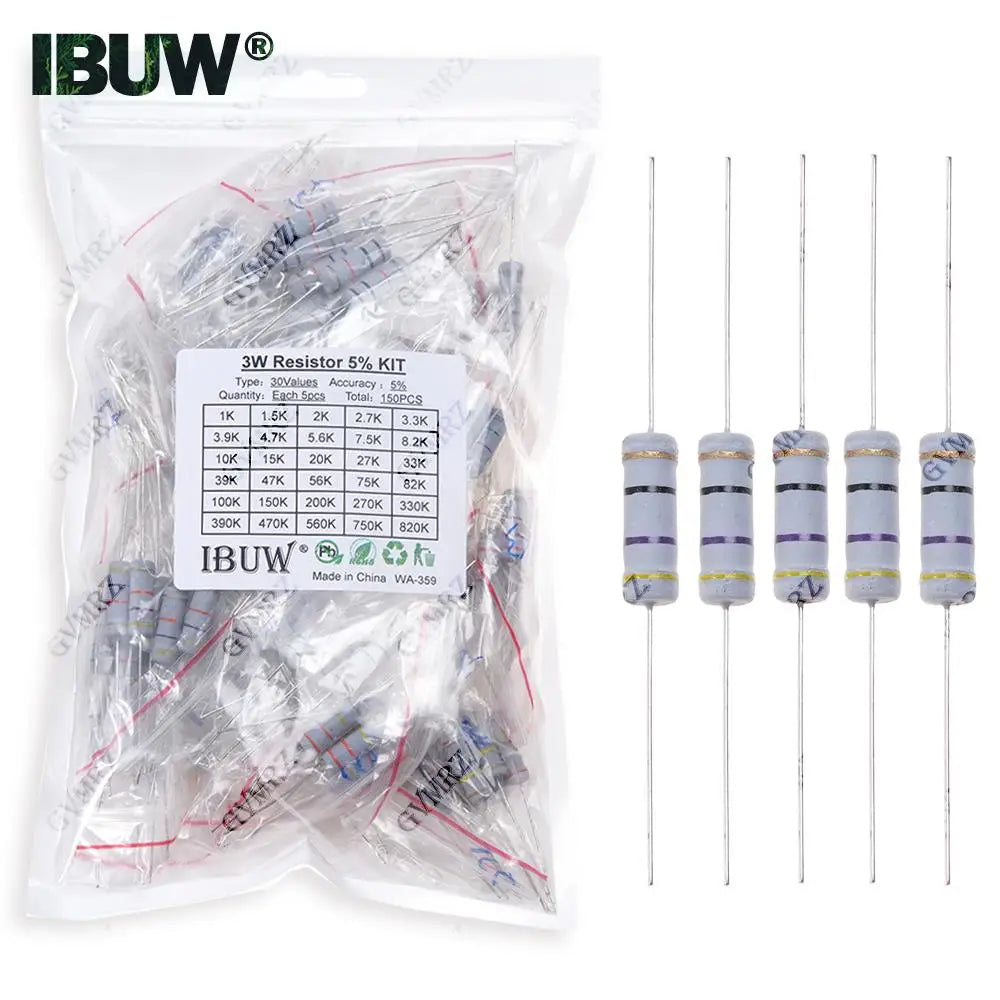 1/2W 1W 2W 3W Resistance 5% Carbon Film Resistor Assortment Kit Set 30Kinds Each 5/10PCS 1R 750R 1K 820K Ohm