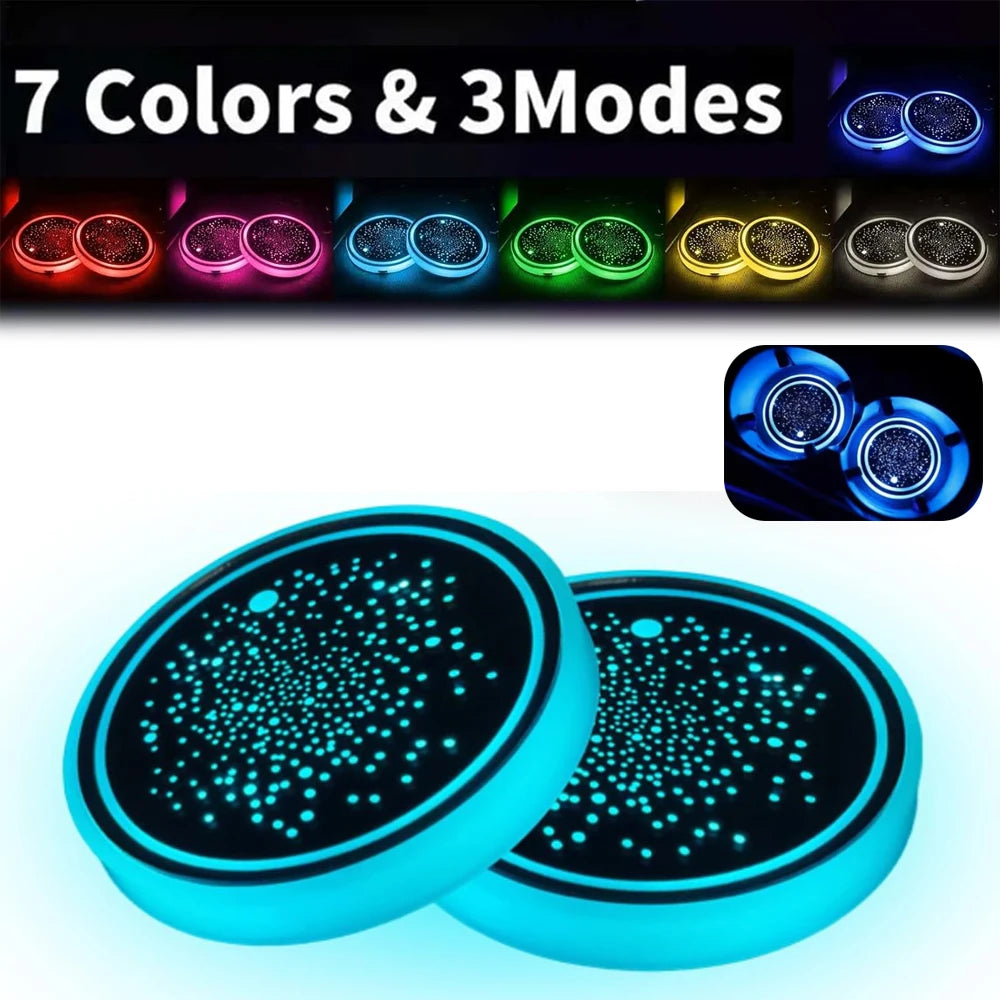 1/2PCS LED Car Cup Holder Lights 7 Color Changing USB Rechar
