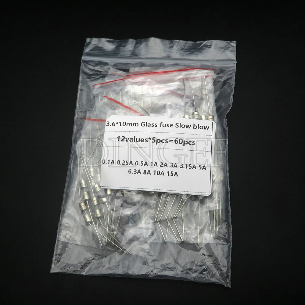 12values 5pcs 60pcs 3.6 10mm Glass fuse Slow blow 250V 3.6x1