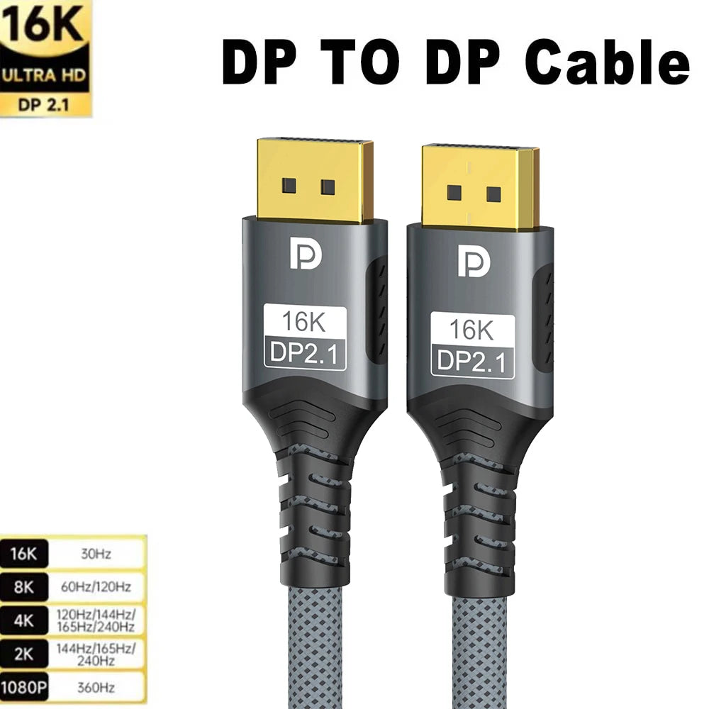 16K DP Cable 8K 120Hz/60Hz 4K 240Hz 80Gbps Displayport 2.1 HDR Video Audio Cable for Laptop Xbox Projector Gaming Monitor