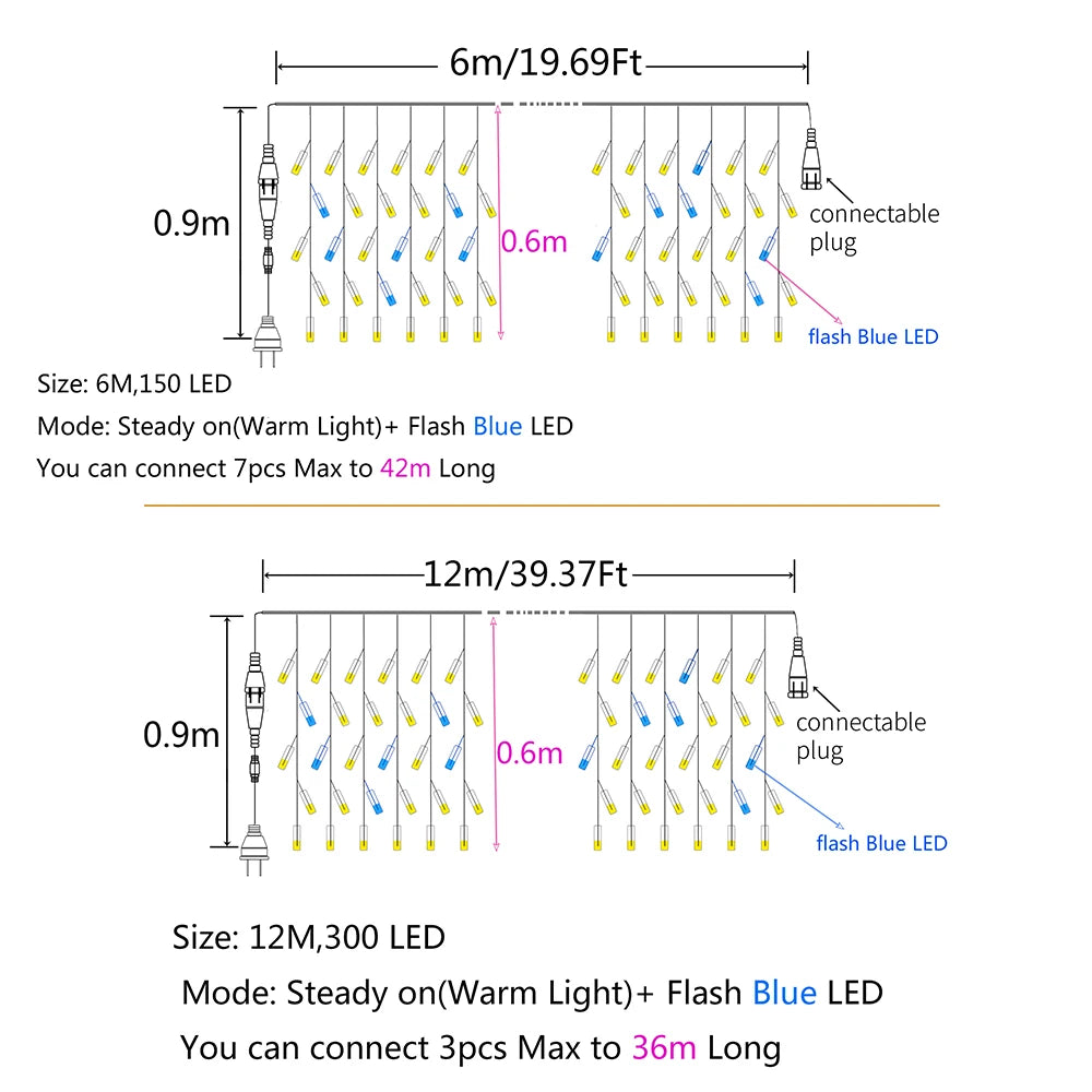6M/12M LED Icicle String Lights Icicle Fairy Light Outdoor G