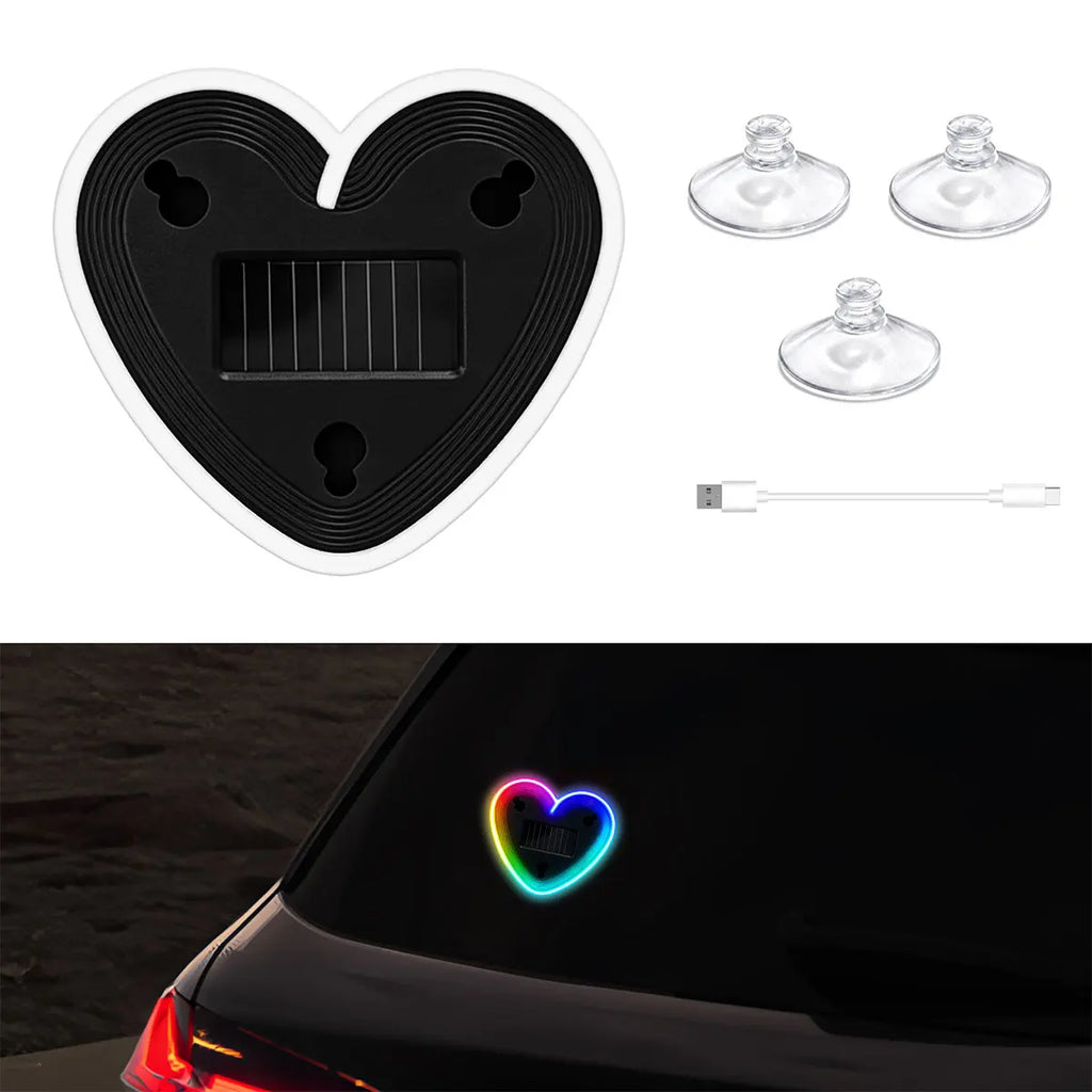 Solar Powered USB RGB Heart-shaped Dynamic Gradient LED Car Interior Ambient Light Auto Windshield Neon Night Light Decoration