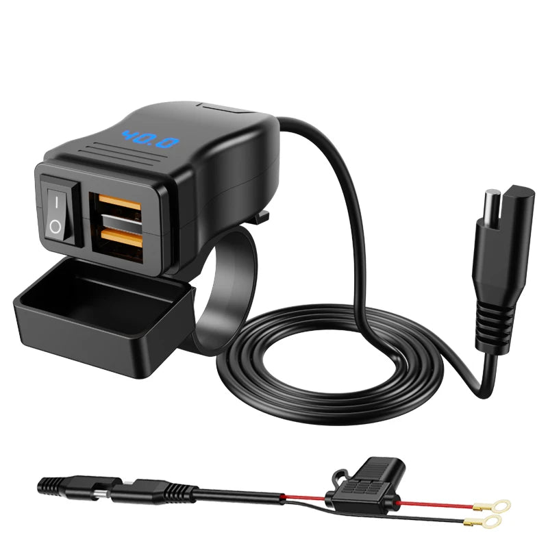 Handlebar Motorcycle Charger Socket PD+QC3.0 Fast Charging Power Adapter USB Type C Dual Port Waterproof With Switch Voltmeter