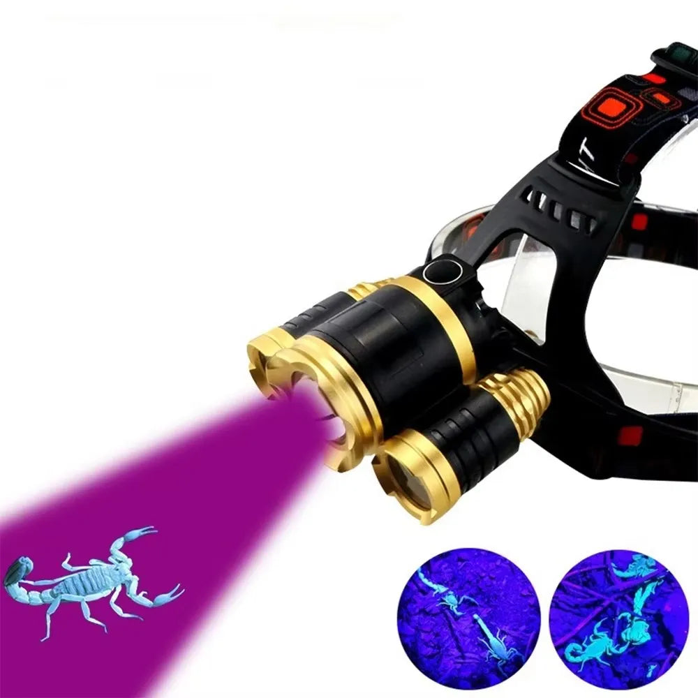 Powerful 3-head LED Headlamp White/UV Light Scorpion Head Lamp USB Rechargeable Strong Light Zoom Headlight Waterproof Outdoor
