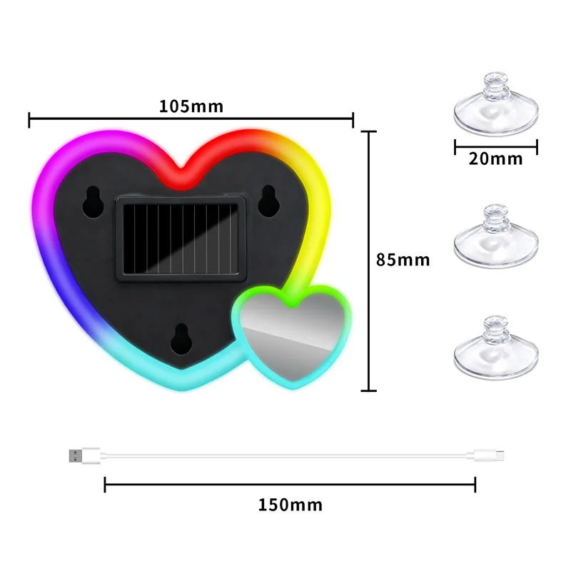1pcs/2pcs Car Triangle Window LED Ambient Atmosphere Light Solar Powered Heart-shaped Colorful Decorative Light With Suction Cup