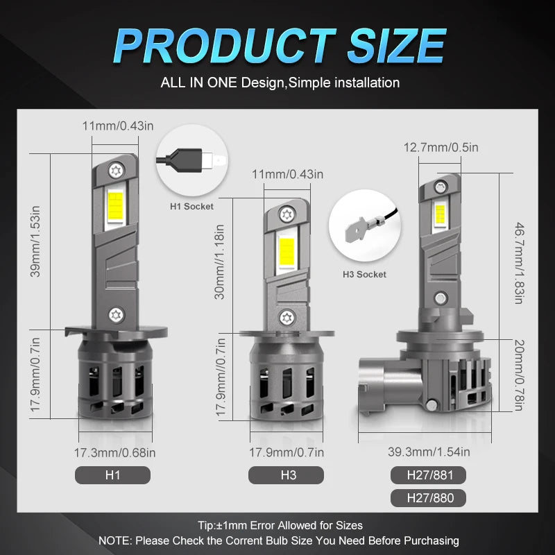 2Pcs 90W 9012 H7 LED 20000LM High Power Headlight H11 H8 H4 