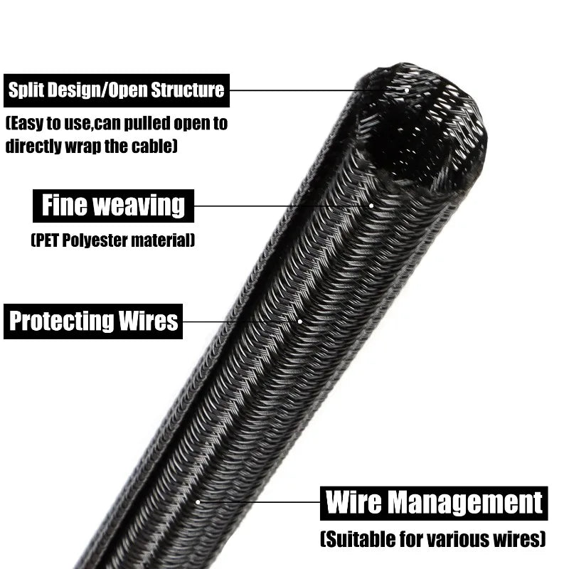 2/10m Black PET Braided Self-Closing Cable Sleeve Dia 3mm 50