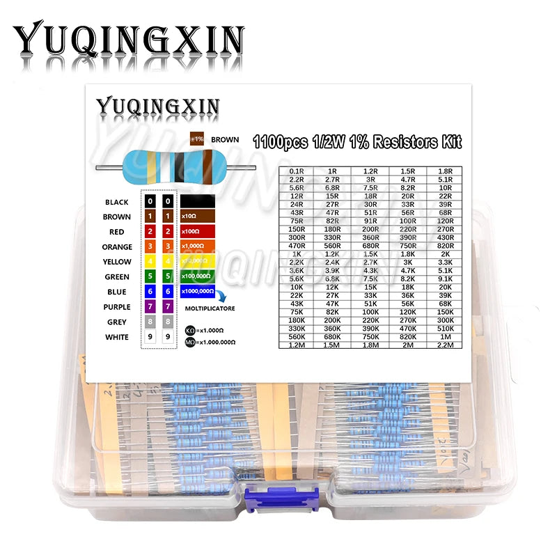 1100pcs 1/2W Metal Film Resistor Kit 1% 0.1 ohm - 2.2M 110 V